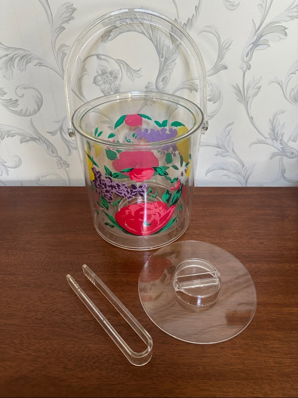 🧊 Clear Floral Acrylic Ice Bucket with Handle lid and tongs retro
